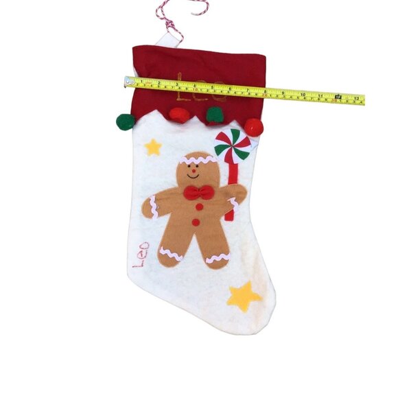 RED/WHITE GINGERBREAD MAN CHRISTMAS STOCKING "LEO" EMBELLISHED ON TOP SIZE-16" - Picture 3 of 4